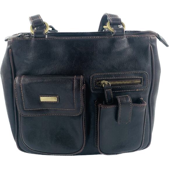 Vintage PVC Purse Brown Strap Pockets Zipper Snap Phone Pocket 10"x 9" Bag Retro - Picture 1 of 16